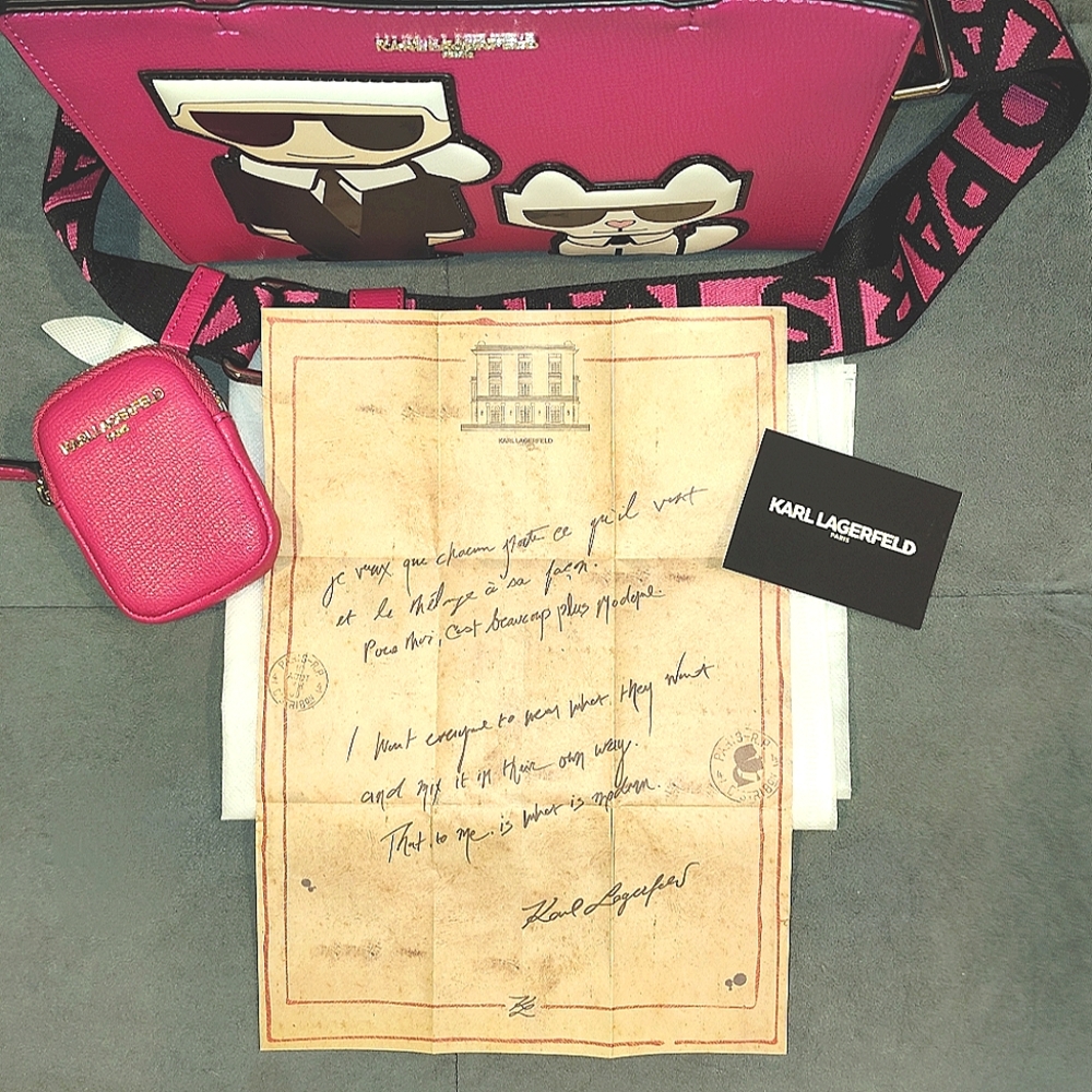 NWT KARL LAGERFELD PARIS MAYBELLINE  LEATHER TWO-WAY TOTE W/ RARE LOVE LETTER - Picture 6 of 16
